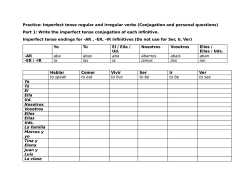 Practice: Imperfect tense regular and irregular verbs (Conjugation / Questions)