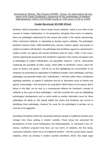 Sociology BA: An Essay on Emile Durkheim’s Diagnosis of the Pathologies of Modern Individualism