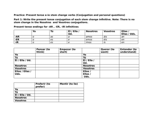 Practice: Present tense e-ie stem change verbs (Conjugation / questions)