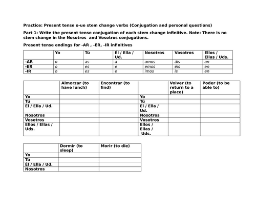 Practice: Present tense o-ue stem change verbs (Conjugation / Questions)