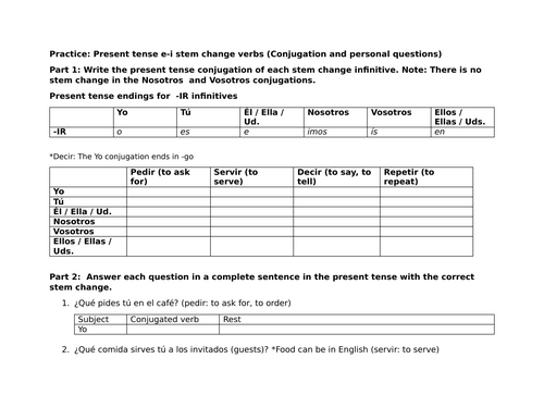 Practice: Present tense e-i stem change verbs (Conjugation / Questions)