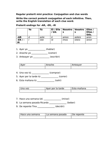 Regular preterit mini practice: Conjugation and clue words