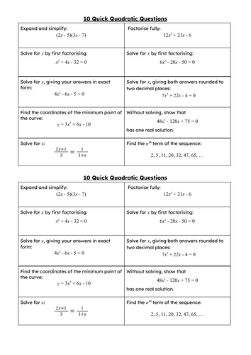 10 Quick Quadratic Questions