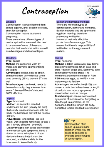 GCSE AQA Biology Triple Science Contraception revision sheets Higher Tier (Grade 6-9)