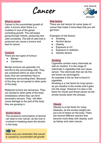 GCSE AQA Biology Triple Science Organisation Cancer revision sheets Higher Tier (Grade 6-9)