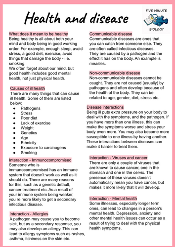 GCSE AQA Biology Triple Science Health and Disease revision sheets Higher Tier (Grade 6-9)