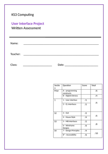 KS3 Computing User Interface Project - Unit of work (bridging for Digital Information Technology C1)