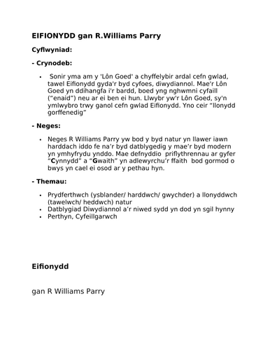 CYMRAEG IAITH GYNTAF: LLENYDDIAETH : Ysgrifennu gwerthfawrogiad A* "Eifionydd"