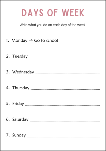 7 Days of The Week Printable Worksheets Calendar Math for Grade 1, 2, 3