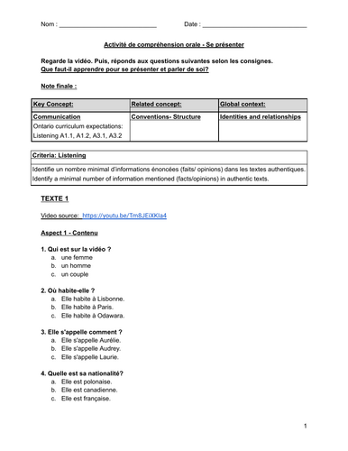 French listening comprehension activity - Talking about myself