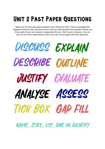 Past Paper questions separated by type (OCR CTEC Health and social care)