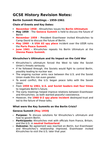 GCSE History Revision Notes - Berlin Summits