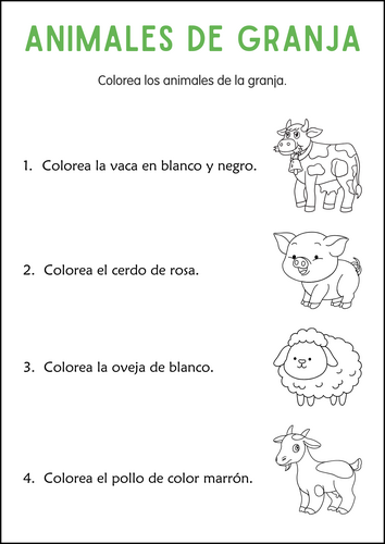 Farm Animals Worksheets in Spanish - Hojas de trabajo de animales de granja