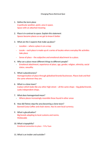 Changing Places Quiz