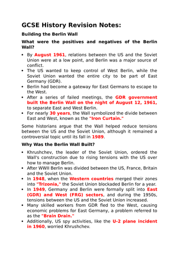 GCSE History Revision Notes - Cold War - Building the Berlin Wall