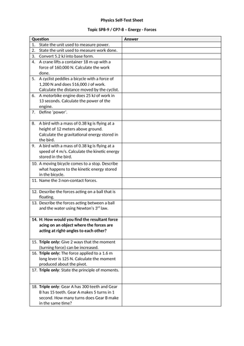 Physics Revision self test sheet SP8-9, CP7-8 (Paper 2) Edexcel 9-1 GCSE