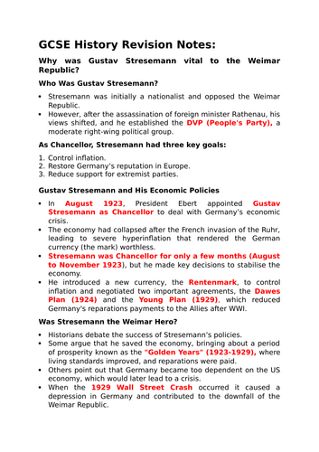 GCSE History Revision Notes - Gustav Stresemann and the Weinar Republic