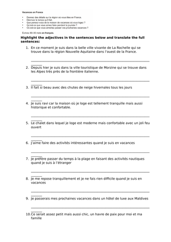 *FREEBIE* French Holidays - Les vacances Year 10/11 / KS4 Adjectives