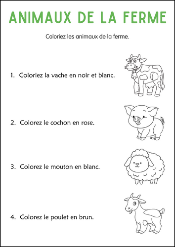 Farm Animal Worksheet in French - Feuille de travail sur les animaux de la ferme