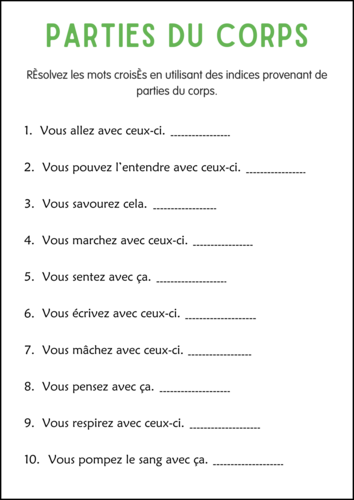 Body Parts Worksheets in French - Feuilles de Travail Sur les Parties du Corps