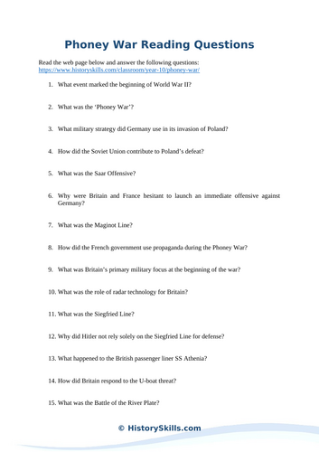 Phoney War Reading Comprehension Questions Worksheet