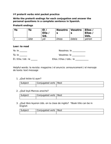 I-Y preterit verbs mini packet practice