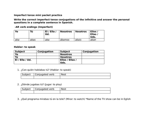 Imperfect tense mini packet practice (Spanish)