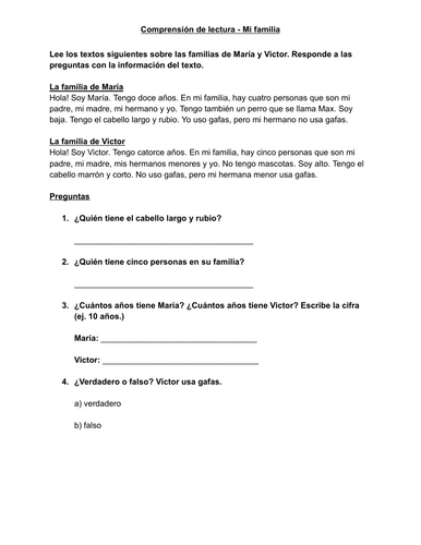 Spanish My family reading comprehension (Texto y preguntas - Mi familia)