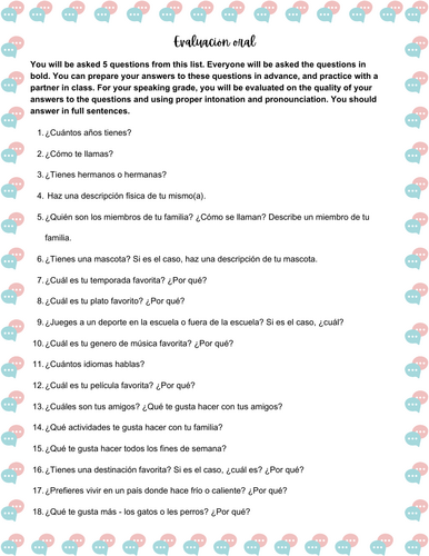 Spanish Speaking evaluation (Asking basic questions about yourself and others)