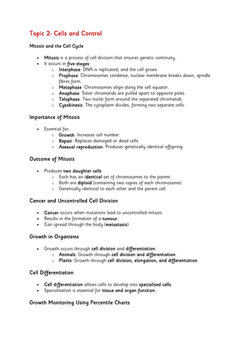 Edexcel Biology GCSE- Cells and Control Topic 2