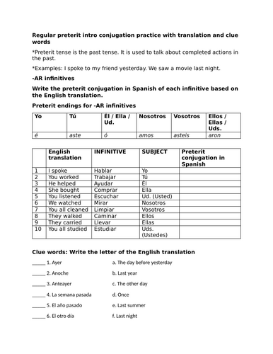 Regular preterit intro conjugation practice with translation and clue words