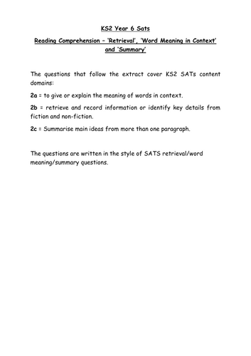 KS2 SATS Practice Reading Comprehension - Retrieval/Meaning/Summary 2a/2b/2c 'Matilda'