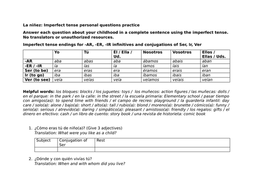 La niñez: Imperfect tense personal questions practice | Teaching Resources