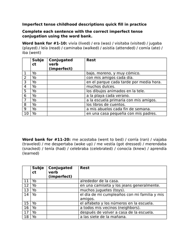 Imperfect tense childhood descriptions quick fill in practice