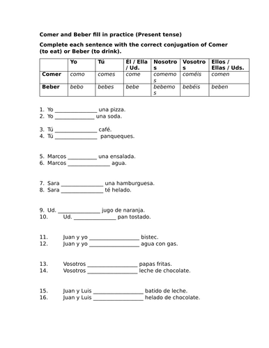 Comer and Beber fill in practice (Present tense)