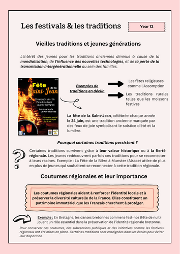 French A-Level revision sheet - Les festivals & les traditions
