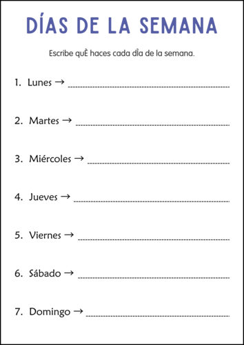 Days of The Week Worksheets in Spanish - Hojas de Trabajo de 7 Días de la Semana