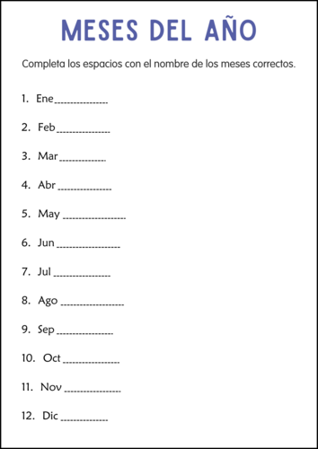 Months of the Year Worksheets in spanish - Hojas de Trabajo de los Meses del Año