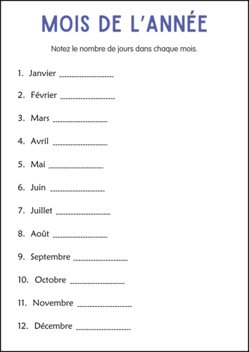 Months of the Year Worksheets in French - Mois de L’année Feuilles de Travail