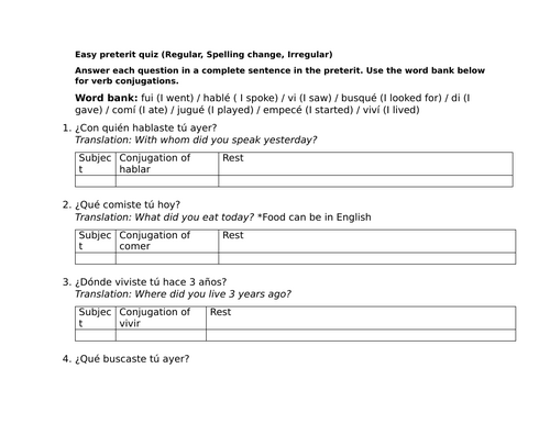 Easy preterit quiz (Regular, Spelling change, Irregular)