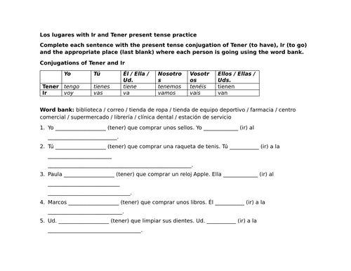 Los lugares with Ir and Tener present tense practice