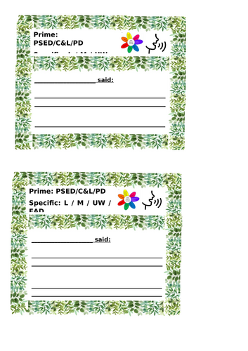 EYFS Learning journey recording sheets