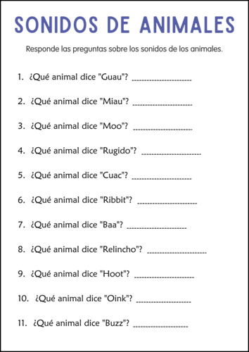 Sounds of Animals Worksheet in Spanish - Hojas de trabajo de Sonidos de animales