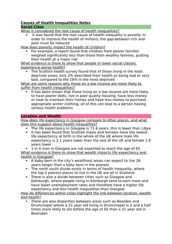 Higher Modern Studies Causes of Health Inequality Notes | Word Document