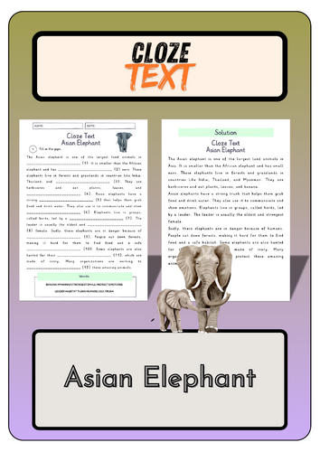 Cloze text - Asian Elephant + Solutions | Teaching Resources