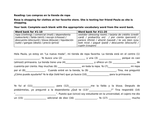 Reading: Las compras en la tienda de ropa