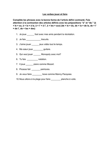 French worksheet - Verbs faire and jouer