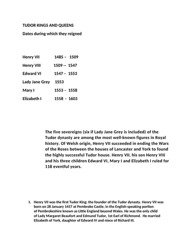 Teaching Resource: YEAR 8 British History: a timeline of the Tudor monarchy with facts