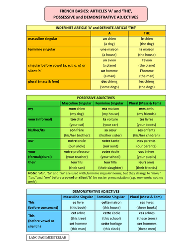 French Basics: Articles A and THE, Possessive and Demonstrative Adjectives Poster