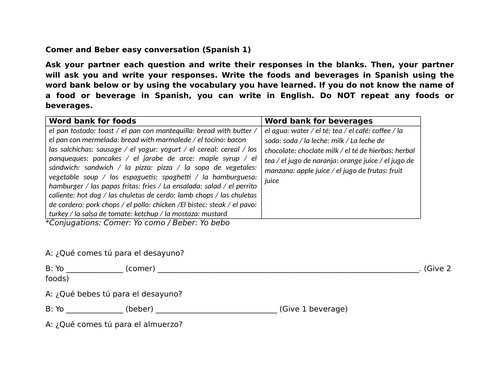 Comer and Beber easy conversation (Spanish 1)